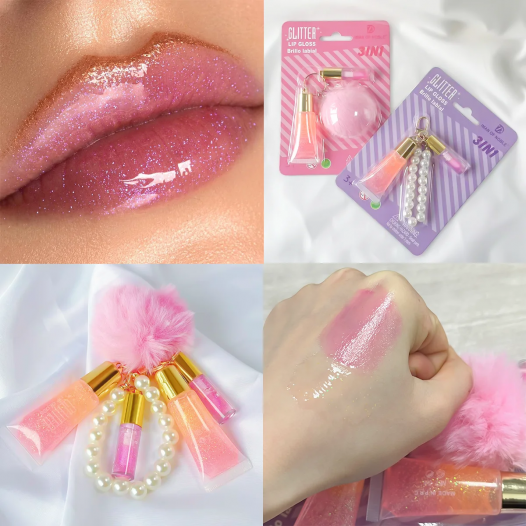 2PCS Warm Change Lip Gloss Set with Pearl Pendant 3-in-1 Lip Oil Lipstick Valentine's Day Gift Lip Gloss